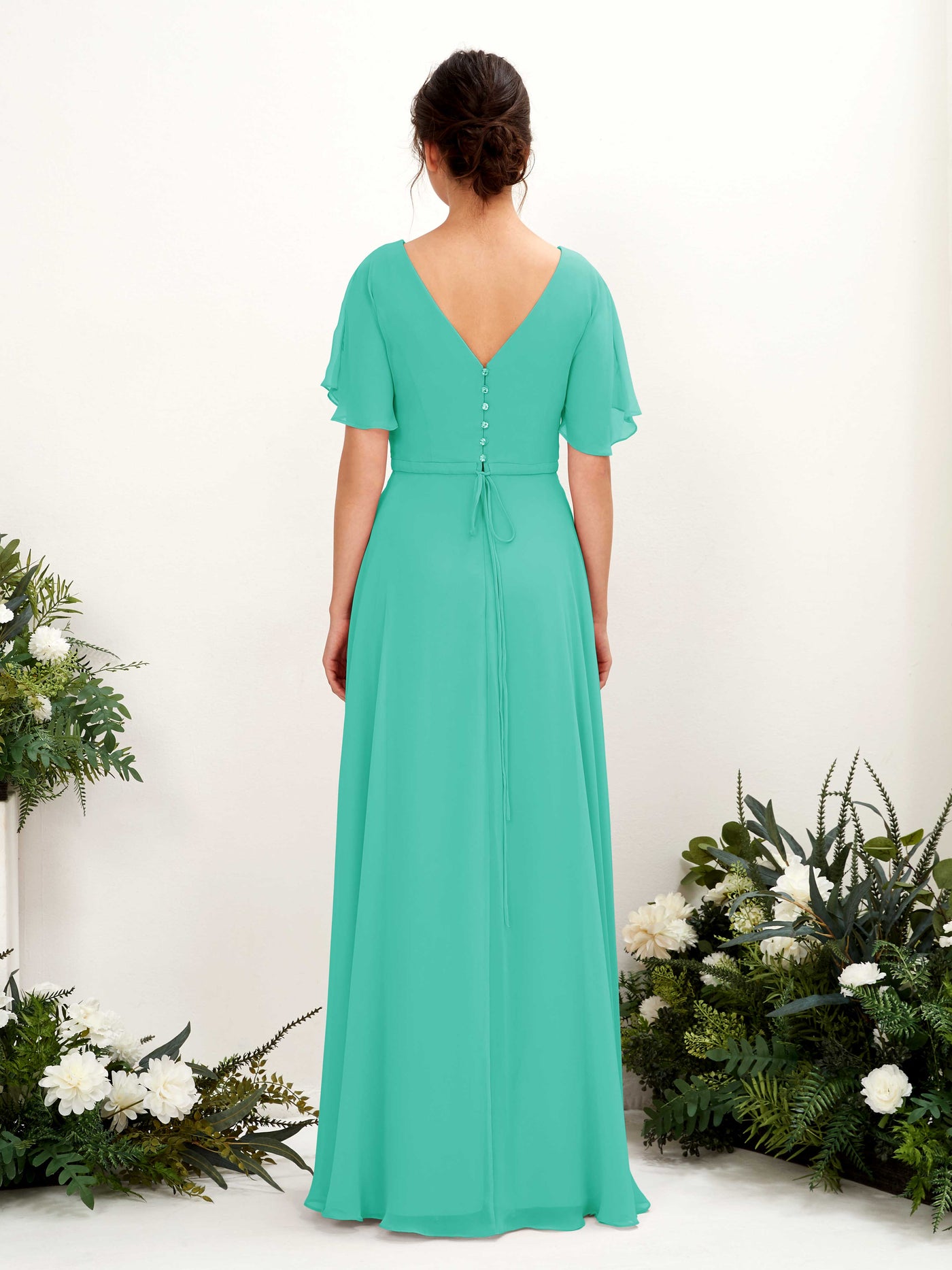 Carlyna Robe trapèze Col V Encolure croisée Manches papillon Longueur ras du sol Robes de demoiselle d'honneur Bleu Tiffany #couleur_bleu-tiffany