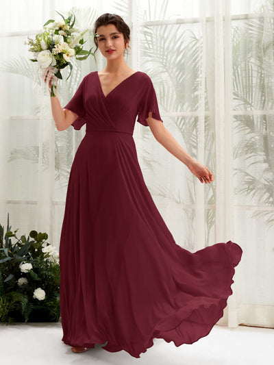 Carlyna Robe trapèze Col V Encolure croisée Manches papillon Longueur ras du sol Robes de demoiselle d'honneur Bordeaux #couleur_bordeaux