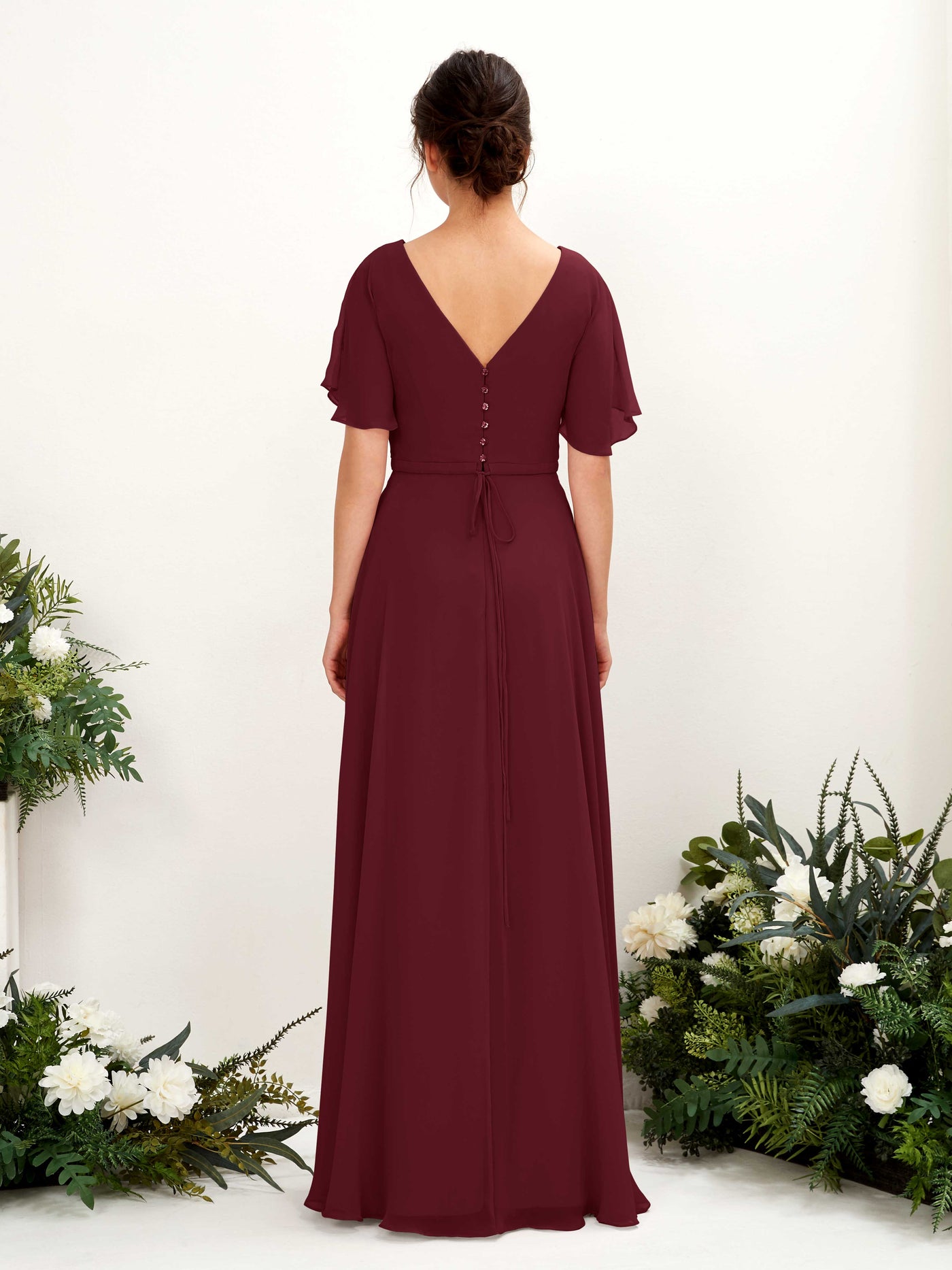 Carlyna Robe trapèze Col V Encolure croisée Manches papillon Longueur ras du sol Robes de demoiselle d'honneur Bordeaux #couleur_bordeaux