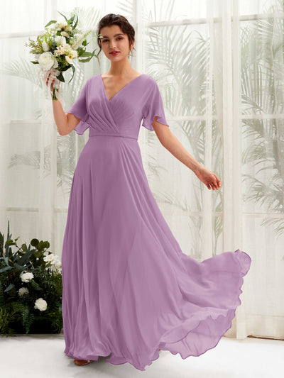 Carlyna Robe trapèze Col V Encolure croisée Manches papillon Longueur ras du sol Robes de demoiselle d'honneur Brume Orchidée #couleur_brume-orchid-e