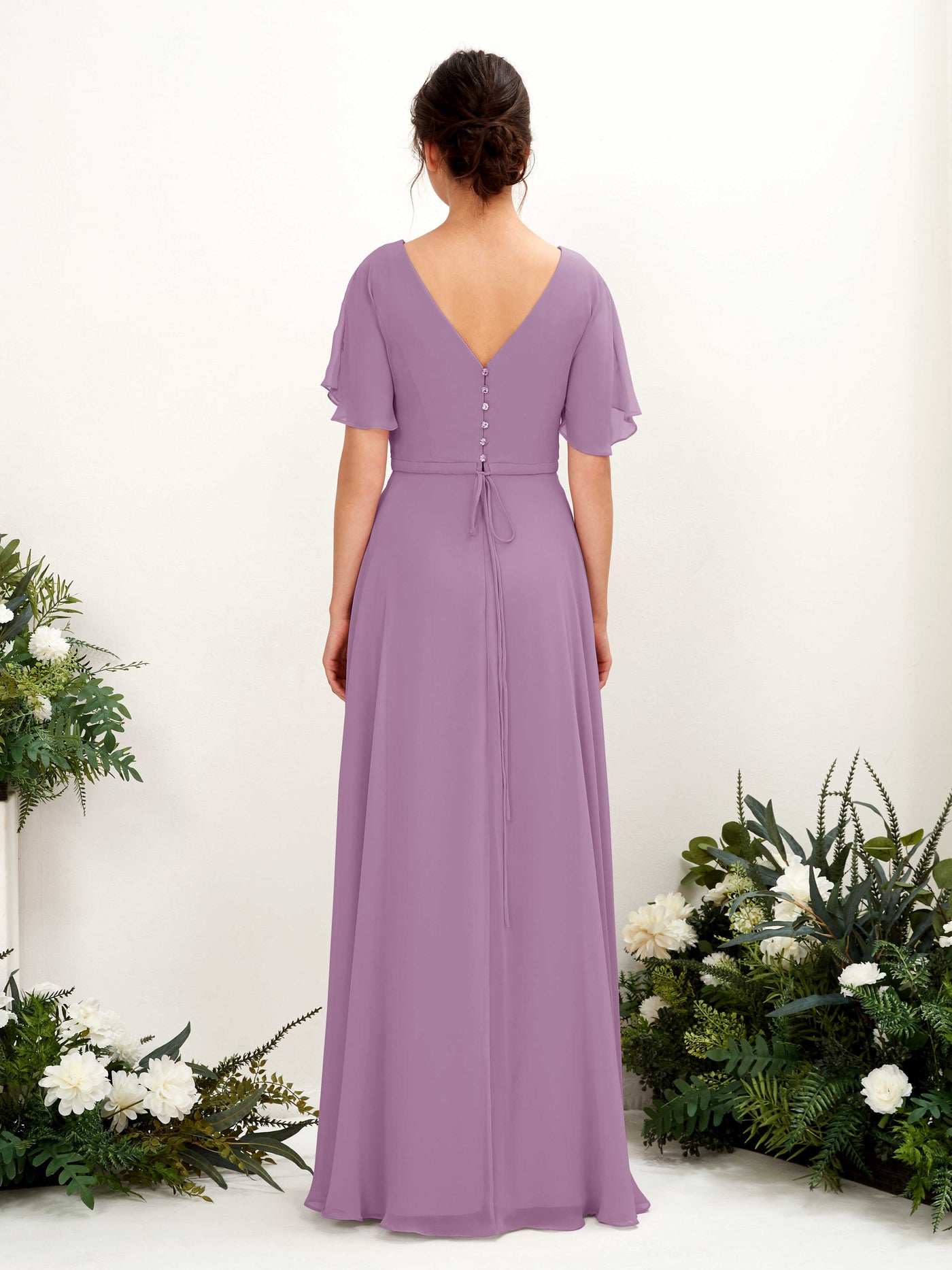 Carlyna Robe trapèze Col V Encolure croisée Manches papillon Longueur ras du sol Robes de demoiselle d'honneur Brume Orchidée #couleur_brume-orchid-e