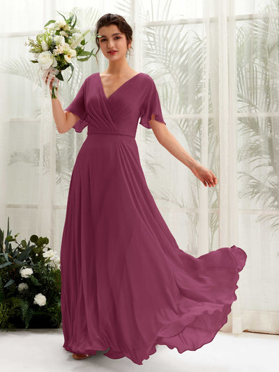 Carlyna Robe trapèze Col V Encolure croisée Manches papillon Longueur ras du sol Robes de demoiselle d'honneur Chianti #couleur_chianti