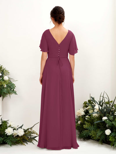 Carlyna Robe trapèze Col V Encolure croisée Manches papillon Longueur ras du sol Robes de demoiselle d'honneur Chianti #couleur_chianti