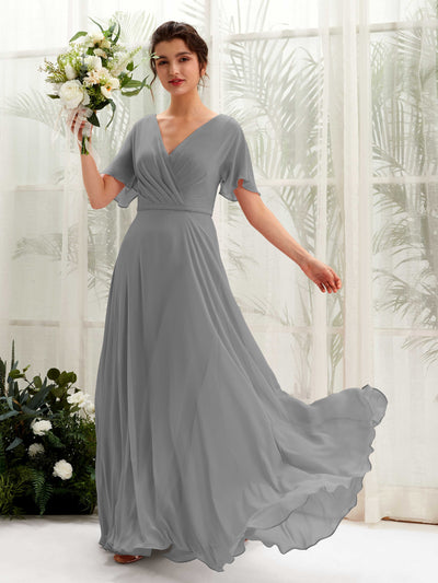 Carlyna Robe trapèze Col V Encolure croisée Manches papillon Longueur ras du sol Robes de demoiselle d'honneur Gris Acier #couleur_gris-acier