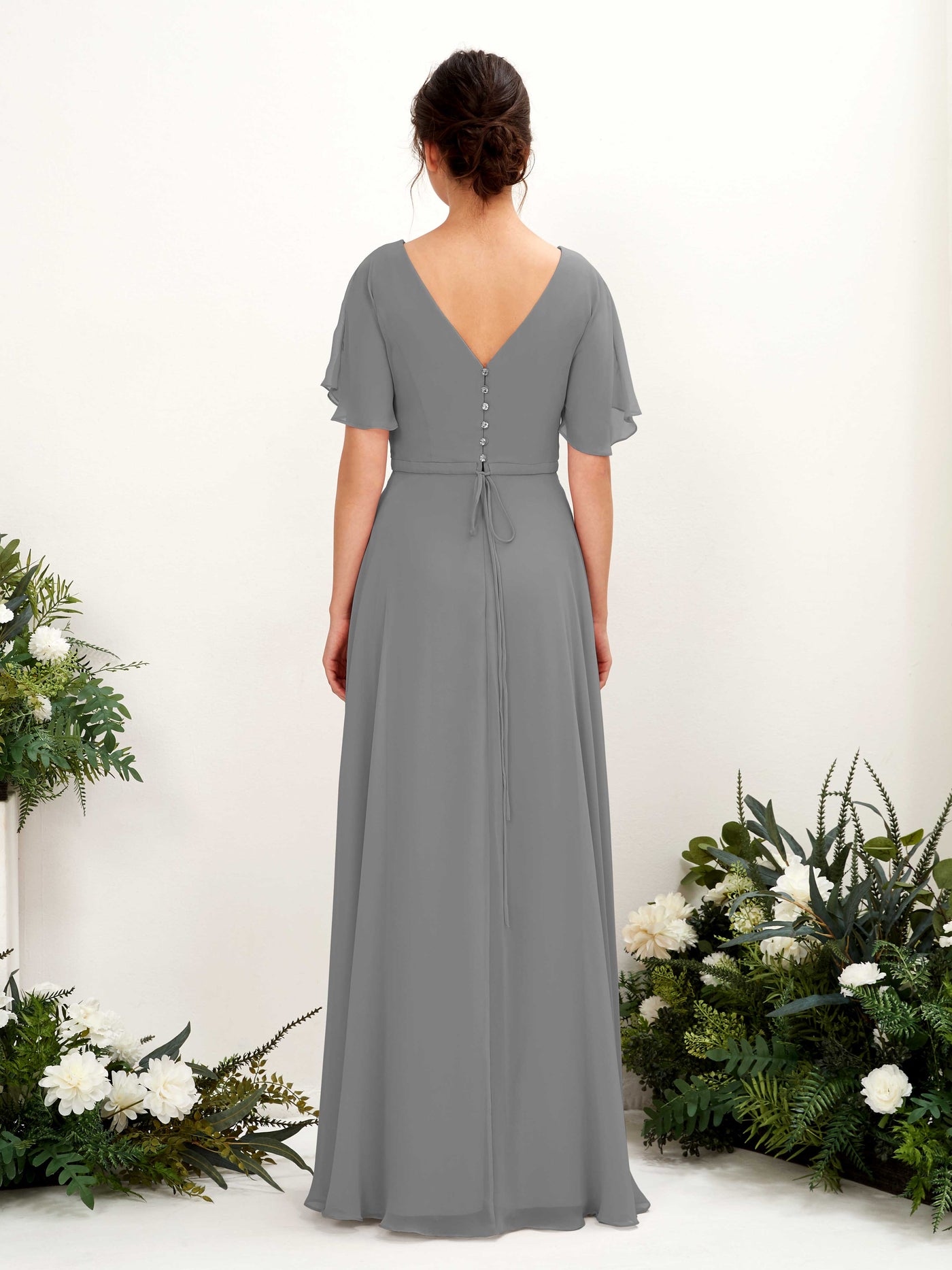 Carlyna Robe trapèze Col V Encolure croisée Manches papillon Longueur ras du sol Robes de demoiselle d'honneur Gris Acier #couleur_gris-acier