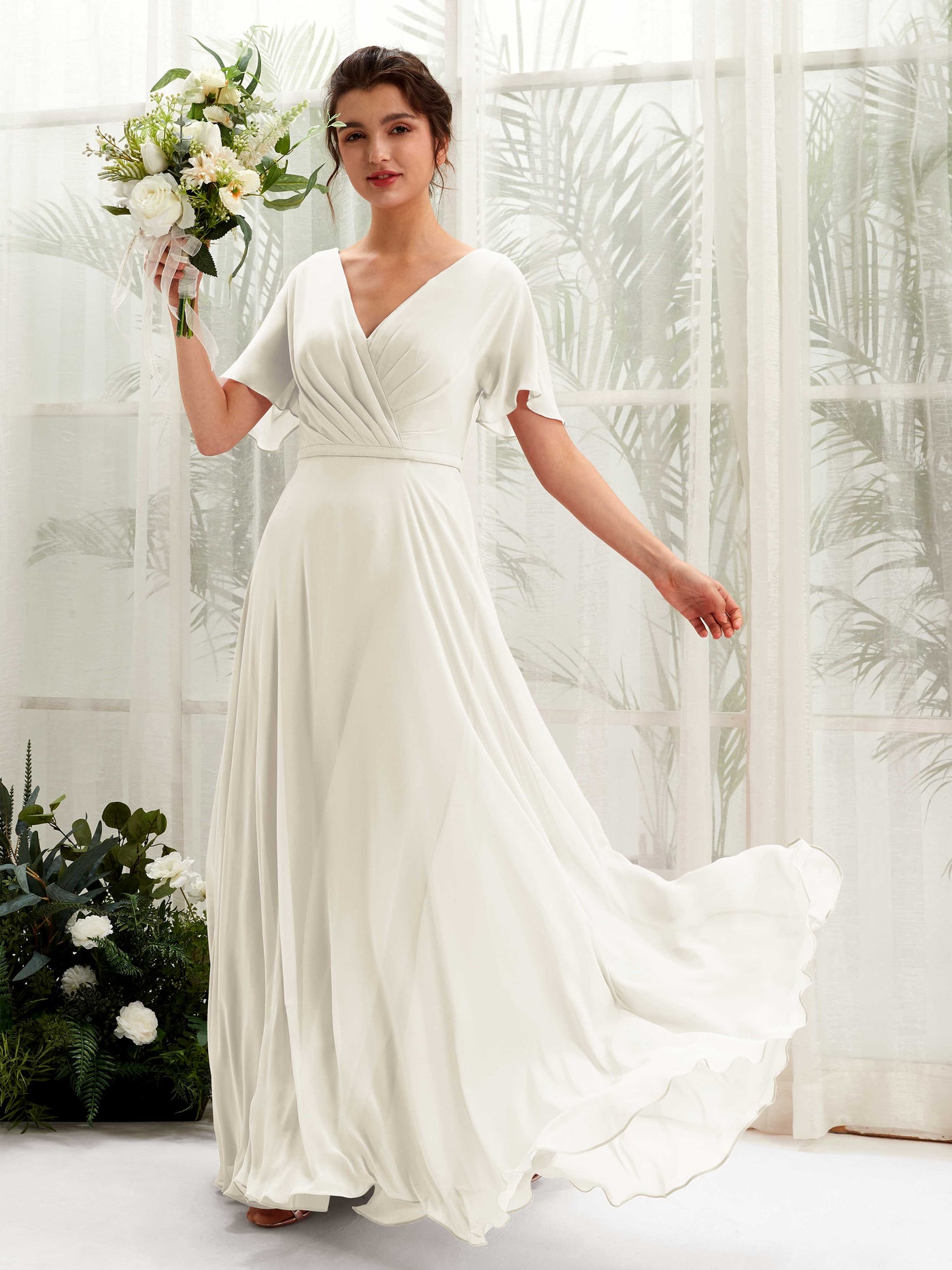 Carlyna Robe trapèze Col V Encolure croisée Manches papillon Longueur ras du sol Robes de demoiselle d'honneur Ivoire #couleur_ivoire