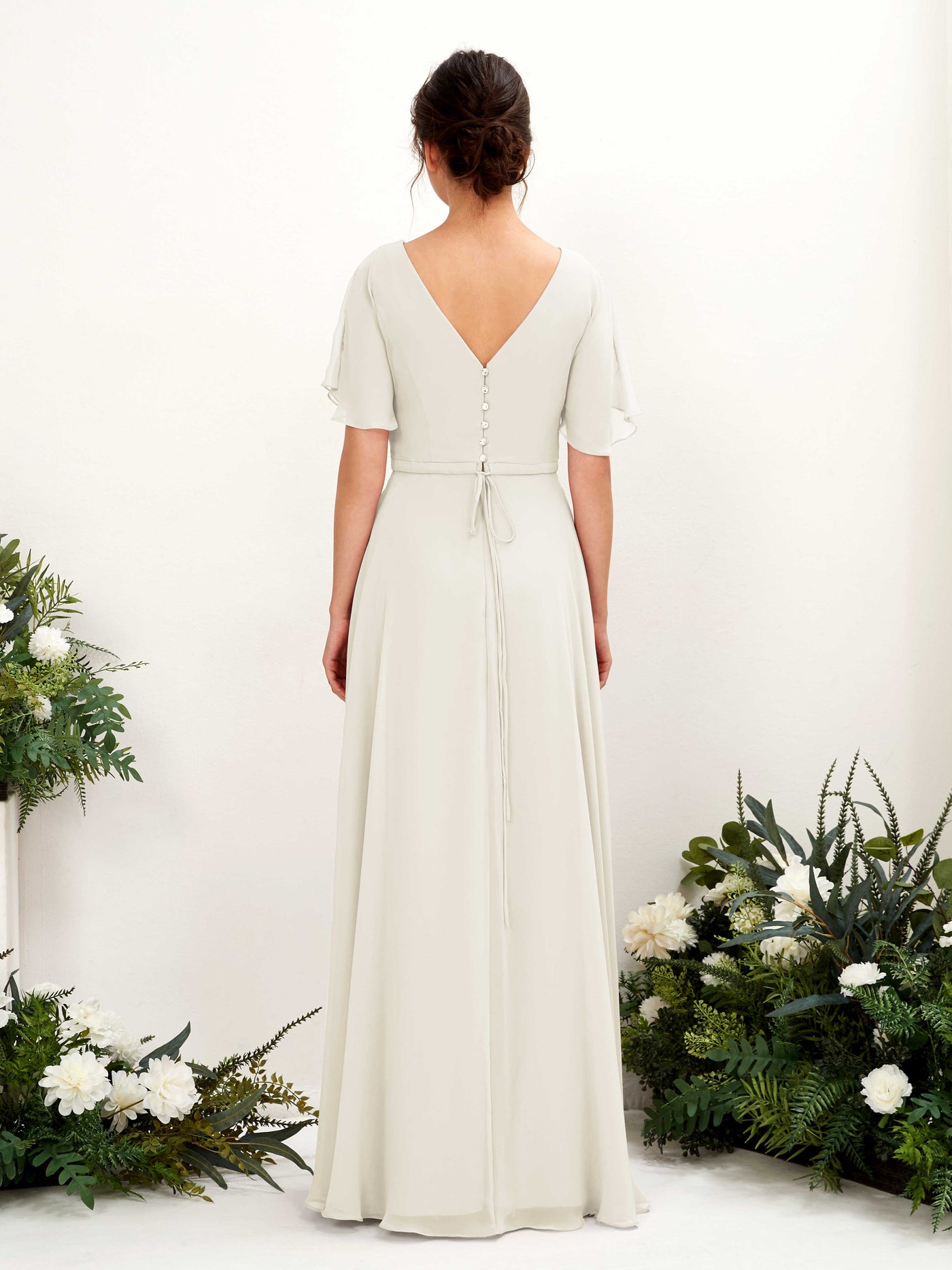 Carlyna Robe trapèze Col V Encolure croisée Manches papillon Longueur ras du sol Robes de demoiselle d'honneur Ivoire #couleur_ivoire
