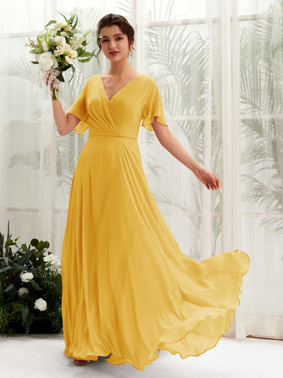 Carlyna Robe trapèze Col V Encolure croisée Manches papillon Longueur ras du sol Robes de demoiselle d&