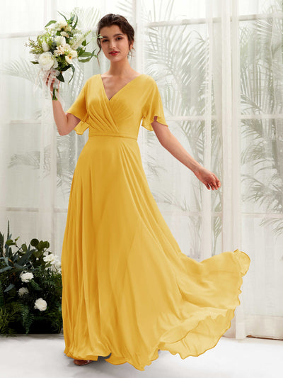 Carlyna Robe trapèze Col V Encolure croisée Manches papillon Longueur ras du sol Robes de demoiselle d'honneur Jaune Moutard #couleur_jaune-moutard