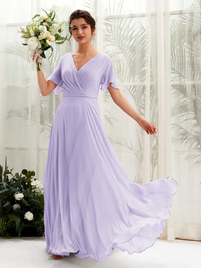 Carlyna Robe trapèze Col V Encolure croisée Manches papillon Longueur ras du sol Robes de demoiselle d'honneur Lilas #couleur_lilas
