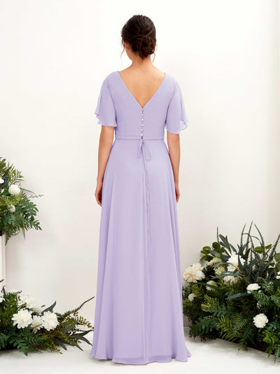 Carlyna Robe trapèze Col V Encolure croisée Manches papillon Longueur ras du sol Robes de demoiselle d'honneur Lilas #couleur_lilas