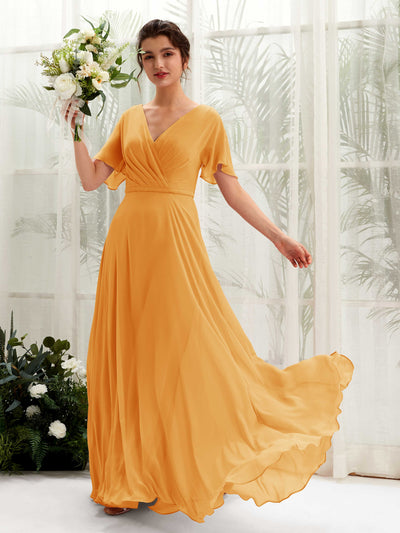 Carlyna Robe trapèze Col V Encolure croisée Manches papillon Longueur ras du sol Robes de demoiselle d'honneur Mangue #couleur_mangue
