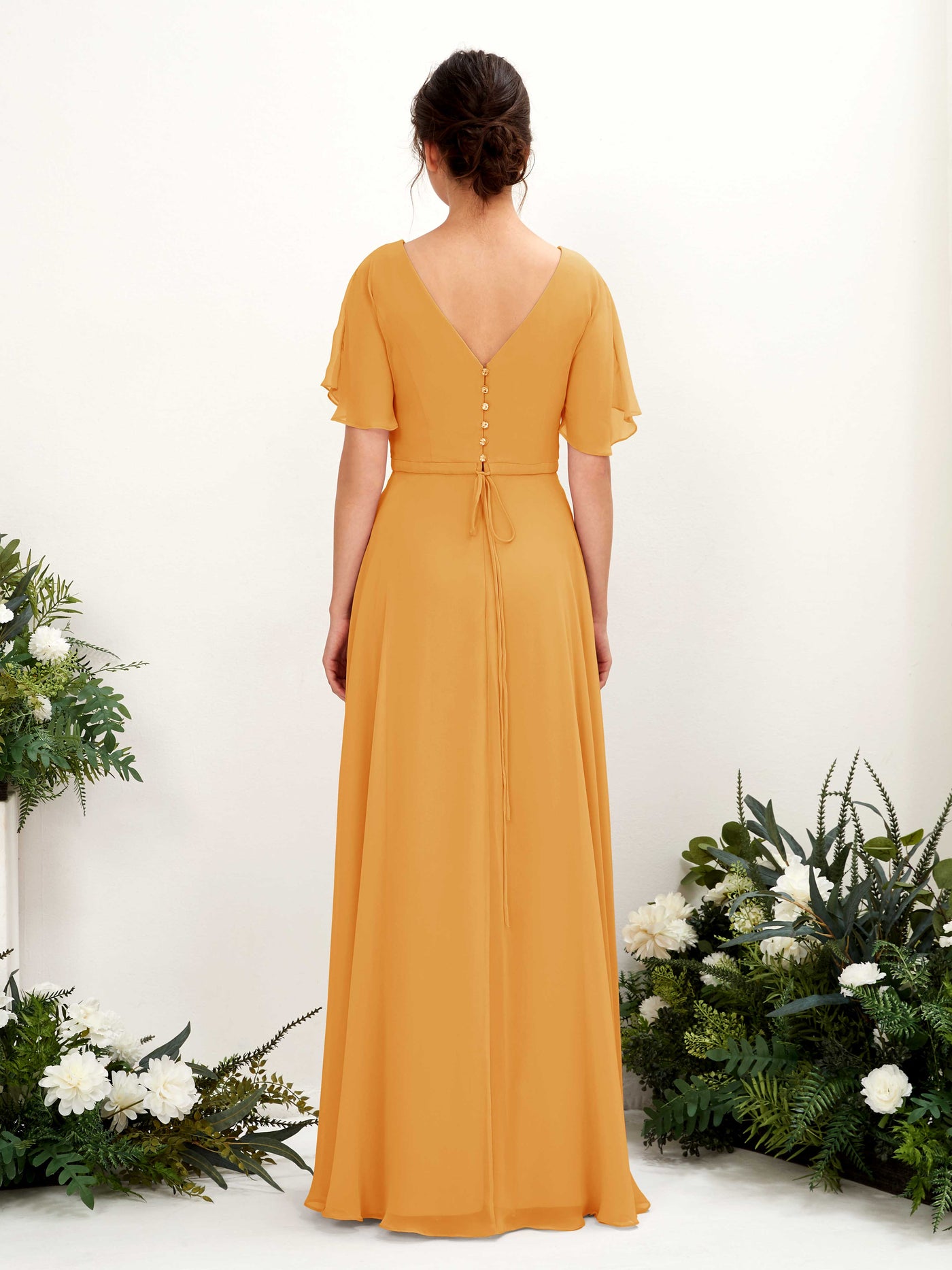 Carlyna Robe trapèze Col V Encolure croisée Manches papillon Longueur ras du sol Robes de demoiselle d'honneur Mangue #couleur_mangue