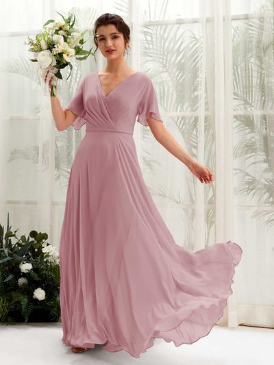 Carlyna Robe trapèze Col V Encolure croisée Manches papillon Longueur ras du sol Robes de demoiselle d'honneur Mauve Vintage #couleur_mauve-vintage