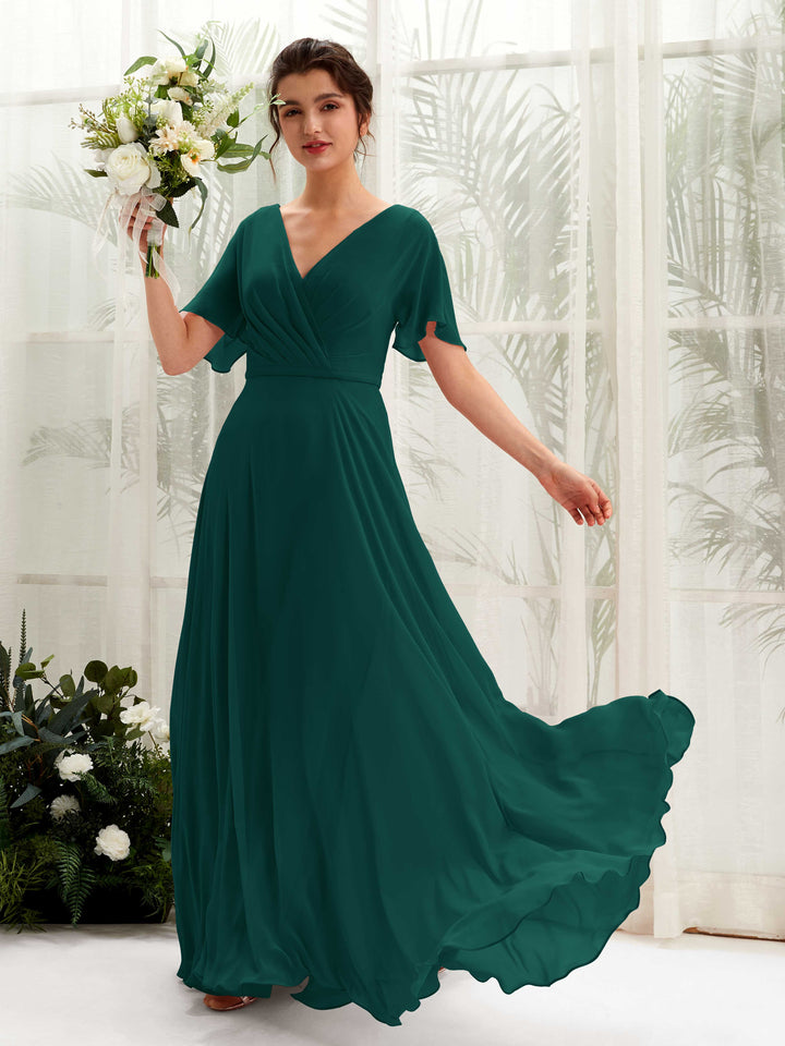Carlyna Robe trapèze Col V Encolure croisée Manches papillon Longueur ras du sol Robes de demoiselle d&