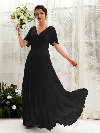 Carlyna Robe trapèze Col V Encolure croisée Manches papillon Longueur ras du sol Robes de demoiselle d'honneur Noir #couleur_noir