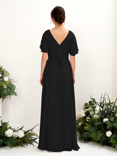 Carlyna Robe trapèze Col V Encolure croisée Manches papillon Longueur ras du sol Robes de demoiselle d'honneur Noir #couleur_noir
