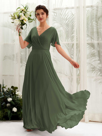 Carlyna Robe trapèze Col V Encolure croisée Manches papillon Longueur ras du sol Robes de demoiselle d'honneur Olive Martini #couleur_olive-martini