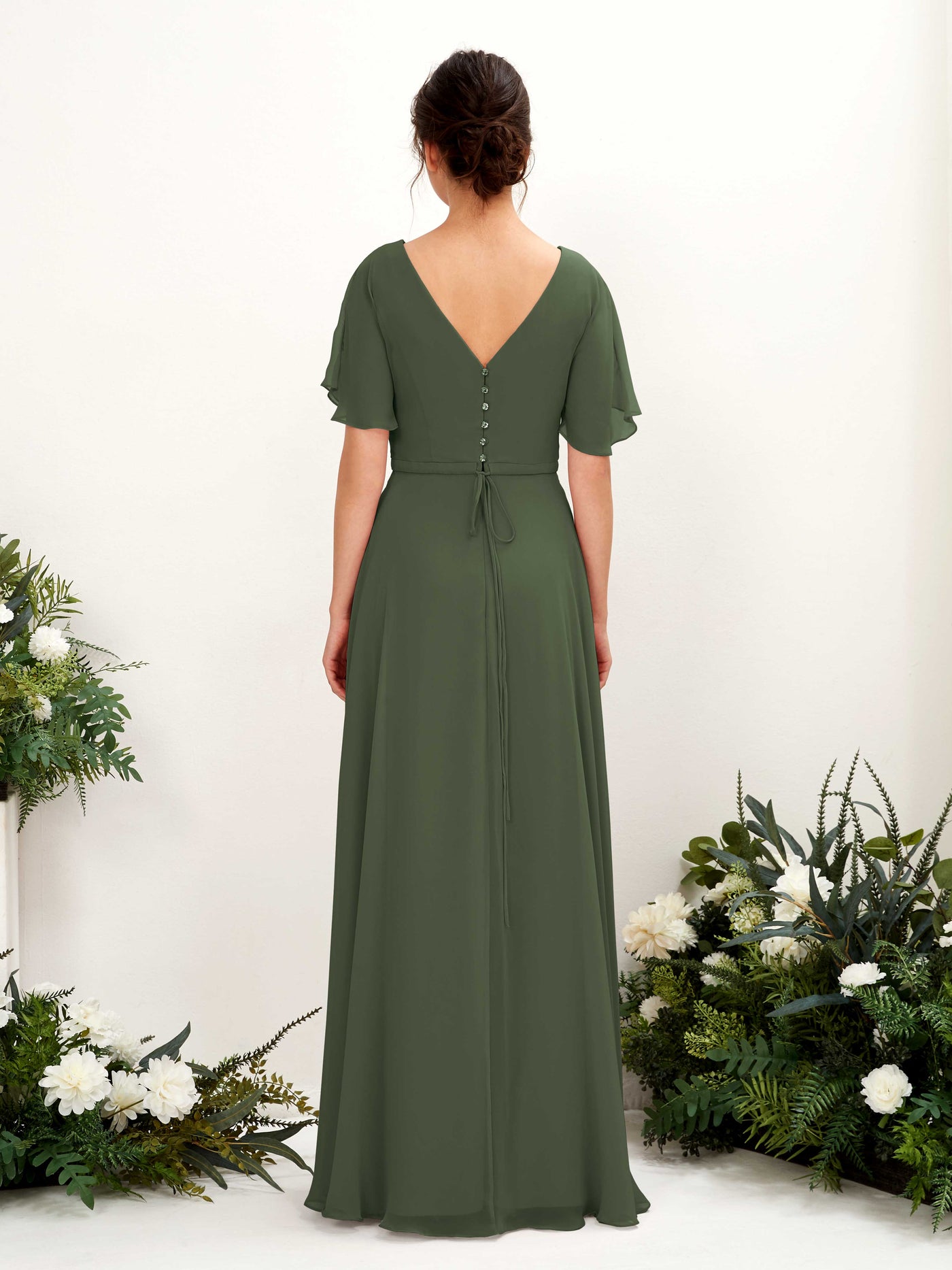 Carlyna Robe trapèze Col V Encolure croisée Manches papillon Longueur ras du sol Robes de demoiselle d'honneur Olive Martini #couleur_olive-martini