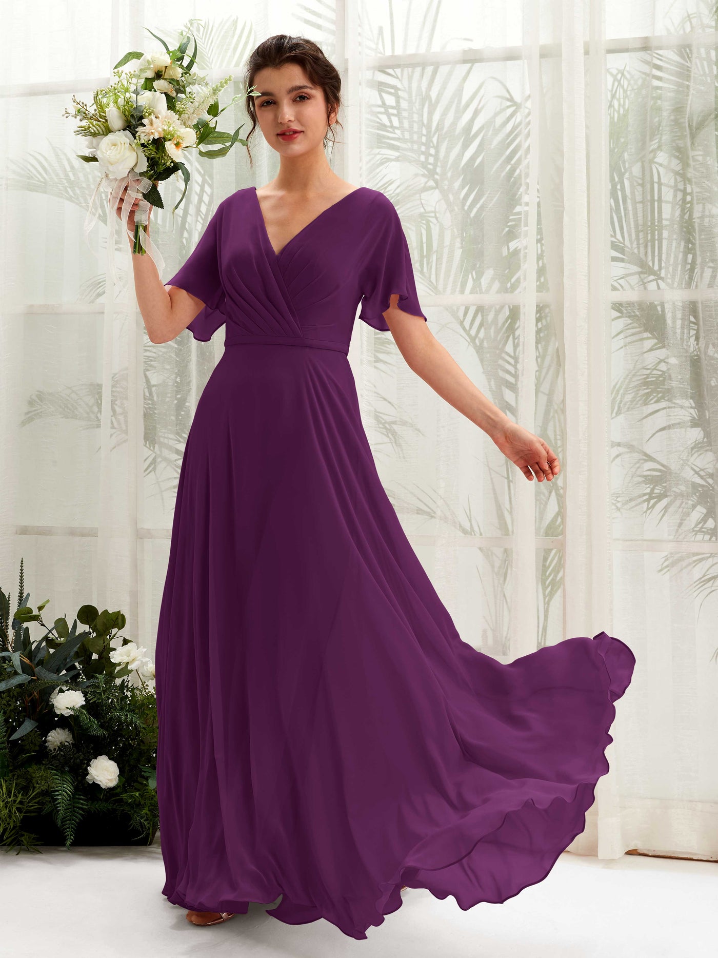 Carlyna Robe trapèze Col V Encolure croisée Manches papillon Longueur ras du sol Robes de demoiselle d'honneur Pourpre #couleur_pourpre