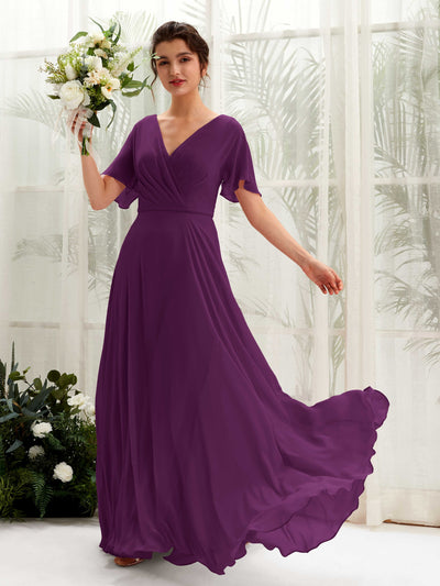 Carlyna Robe trapèze Col V Encolure croisée Manches papillon Longueur ras du sol Robes de demoiselle d'honneur Pourpre #couleur_pourpre