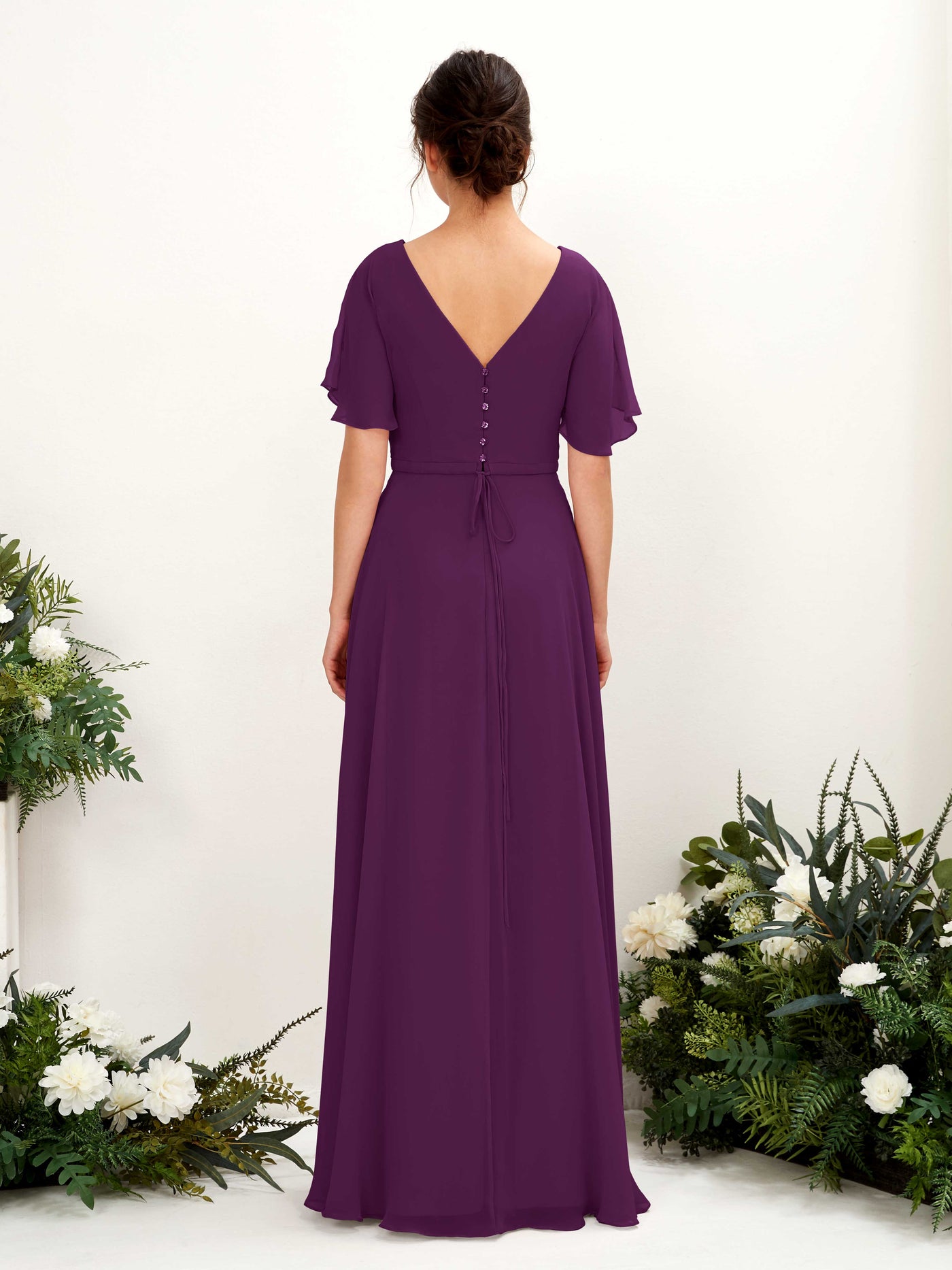 Carlyna Robe trapèze Col V Encolure croisée Manches papillon Longueur ras du sol Robes de demoiselle d'honneur Pourpre #couleur_pourpre