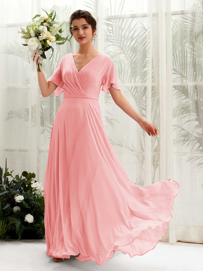 Carlyna Robe trapèze Col V Encolure croisée Manches papillon Longueur ras du sol Robes de demoiselle d'honneur Rose Ballet #couleur_rose-ballet