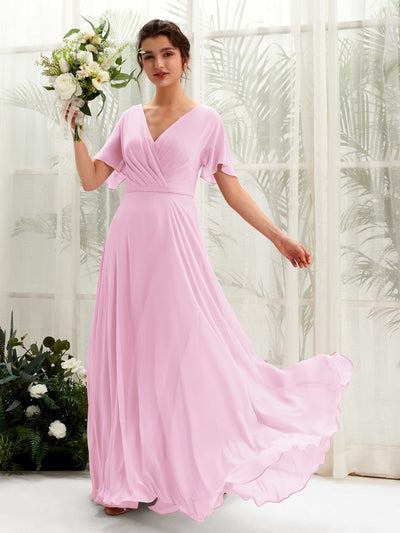Carlyna Robe trapèze Col V Encolure croisée Manches papillon Longueur ras du sol Robes de demoiselle d'honneur Rose Bonbon #couleur_rose-bonbon