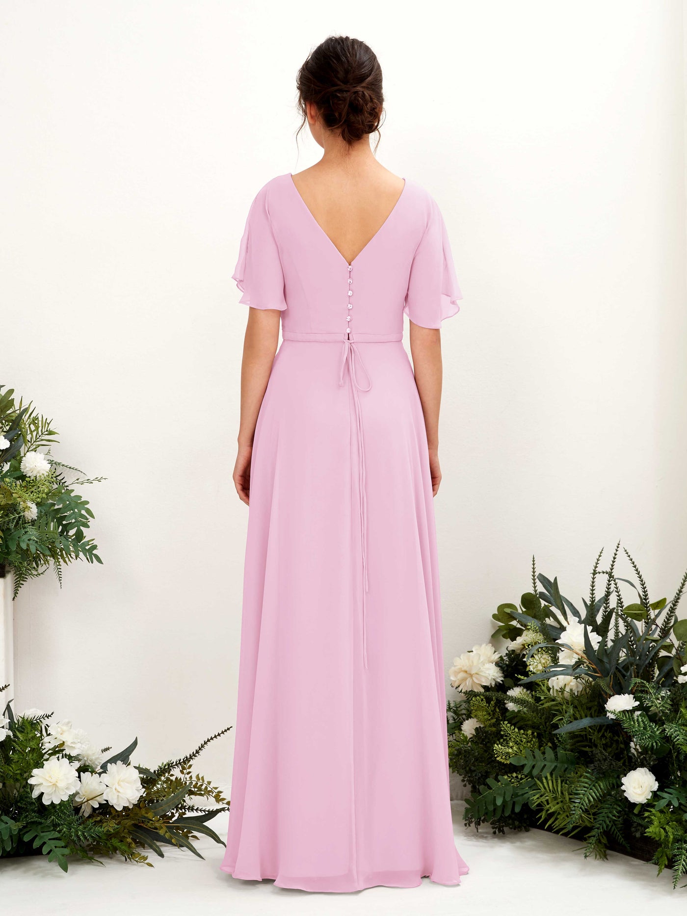 Carlyna Robe trapèze Col V Encolure croisée Manches papillon Longueur ras du sol Robes de demoiselle d'honneur Rose Bonbon #couleur_rose-bonbon