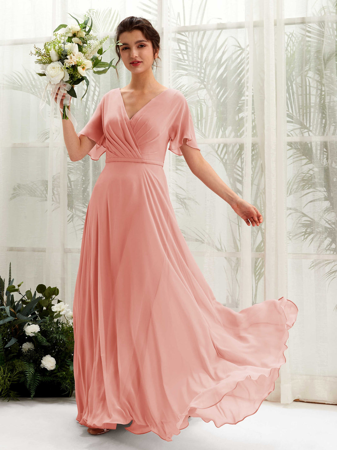 Carlyna Robe trapèze Col V Encolure croisée Manches papillon Longueur ras du sol Robes de demoiselle d&