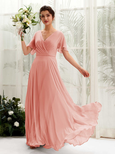 Carlyna Robe trapèze Col V Encolure croisée Manches papillon Longueur ras du sol Robes de demoiselle d'honneur Rose Champagne #couleur_rose-champagne