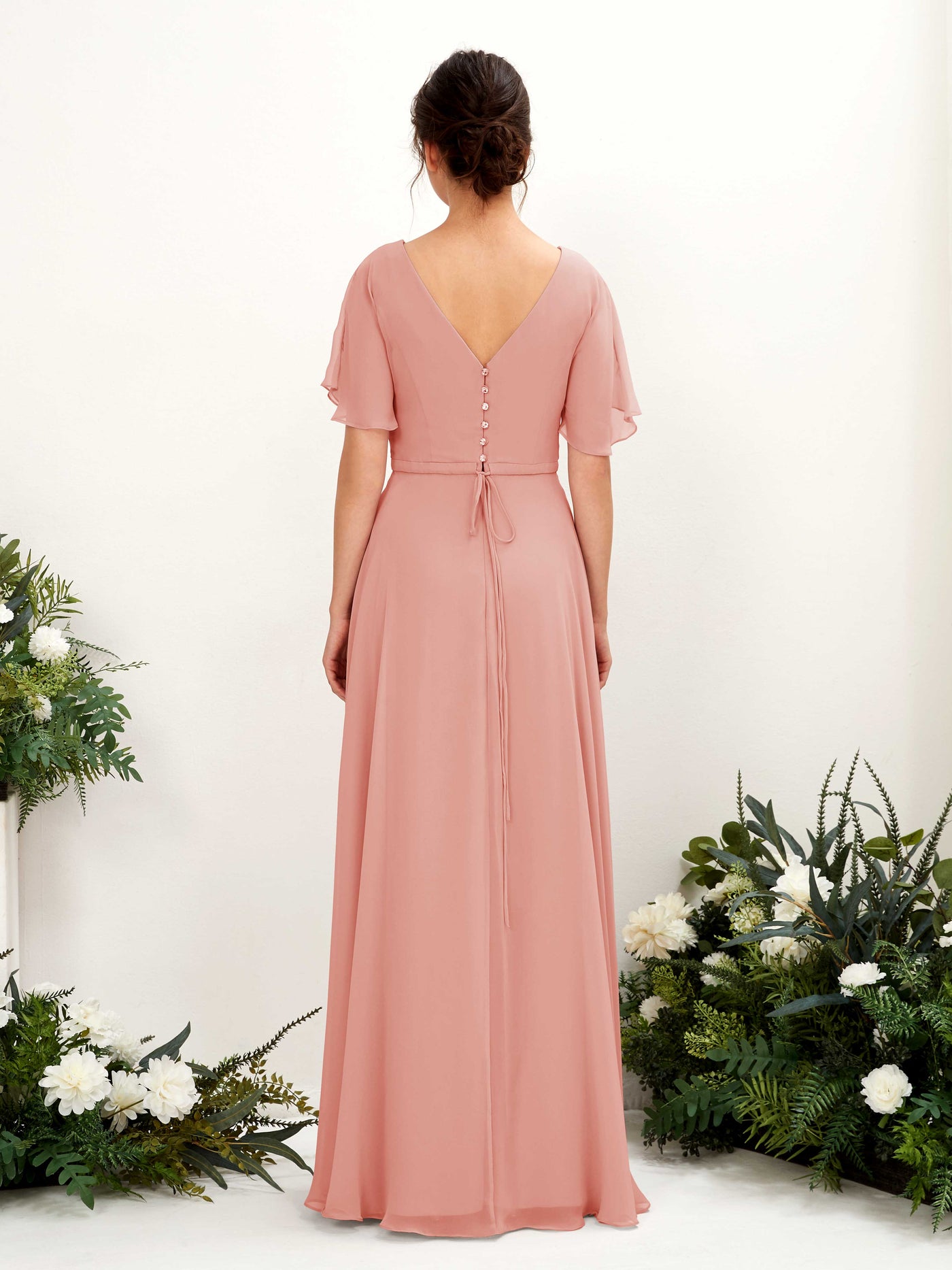 Carlyna Robe trapèze Col V Encolure croisée Manches papillon Longueur ras du sol Robes de demoiselle d'honneur Rose Champagne #couleur_rose-champagne