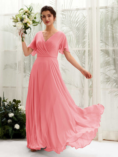 Carlyna Robe trapèze Col V Encolure croisée Manches papillon Longueur ras du sol Robes de demoiselle d'honneur Rose Corail #couleur_rose-corail