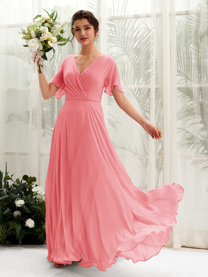 Carlyna Robe trapèze Col V Encolure croisée Manches papillon Longueur ras du sol Robes de demoiselle d&