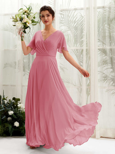 Carlyna Robe trapèze Col V Encolure croisée Manches papillon Longueur ras du sol Robes de demoiselle d'honneur Rose Du Désert #couleur_rose-du-d-sert