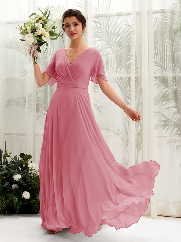 Carlyna Robe trapèze Col V Encolure croisée Manches papillon Longueur ras du sol Robes de demoiselle d&
