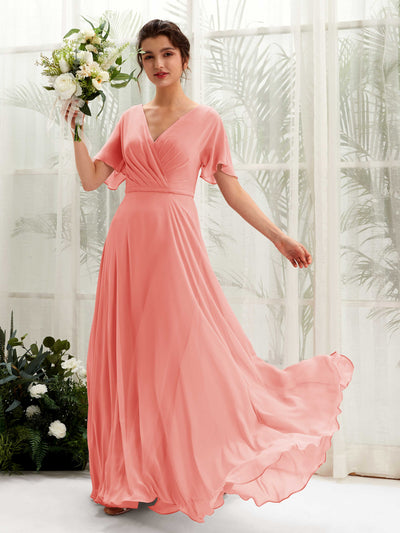 Carlyna Robe trapèze Col V Encolure croisée Manches papillon Longueur ras du sol Robes de demoiselle d'honneur Rose Pêche #couleur_rose-p-che