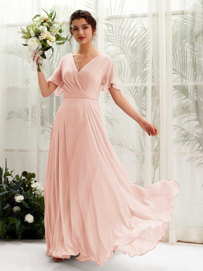 Carlyna Robe trapèze Col V Encolure croisée Manches papillon Longueur ras du sol Robes de demoiselle d'honneur Rose Perle #couleur_rose-perle