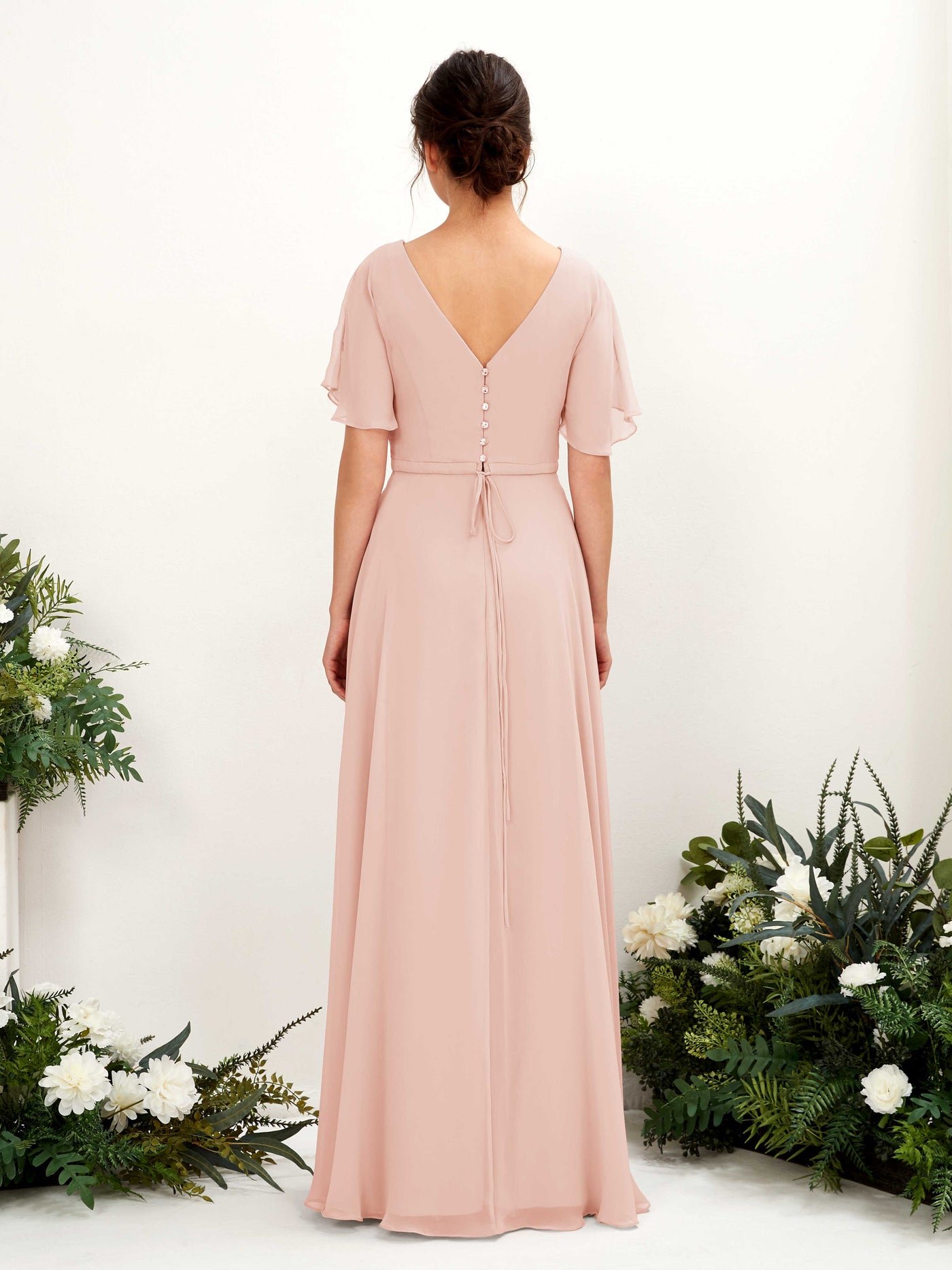 Carlyna Robe trapèze Col V Encolure croisée Manches papillon Longueur ras du sol Robes de demoiselle d'honneur Rose Perle #couleur_rose-perle