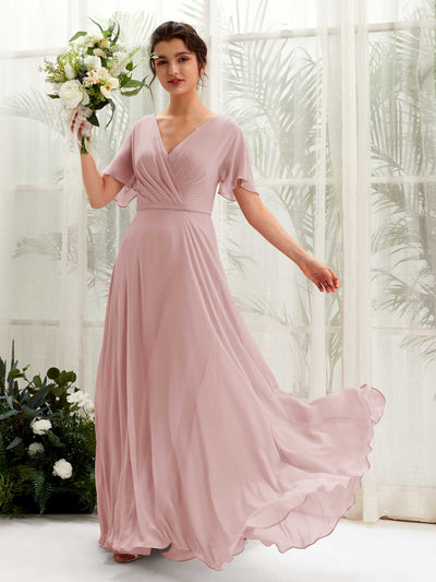 Carlyna Robe trapèze Col V Encolure croisée Manches papillon Longueur ras du sol Robes de demoiselle d'honneur Rose Poussiéreux #couleur_rose-poussi-reux