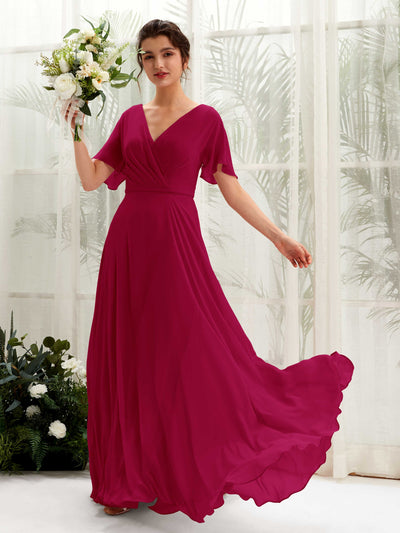 Carlyna Robe trapèze Col V Encolure croisée Manches papillon Longueur ras du sol Robes de demoiselle d'honneur Rouge Bouffon #couleur_rouge-bouffon