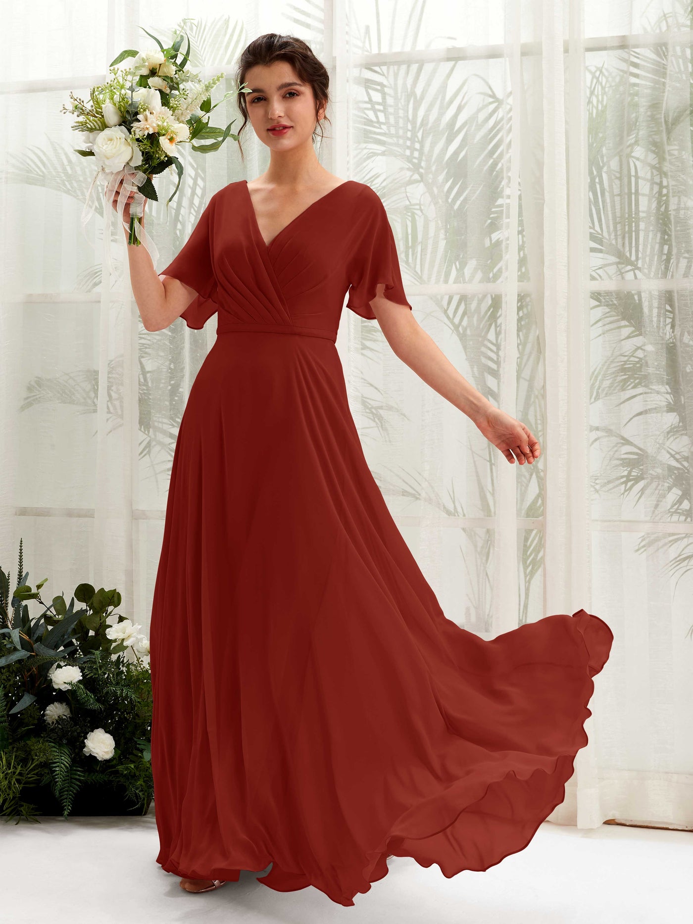 Carlyna Robe trapèze Col V Encolure croisée Manches papillon Longueur ras du sol Robes de demoiselle d'honneur Rouille #couleur_rouille