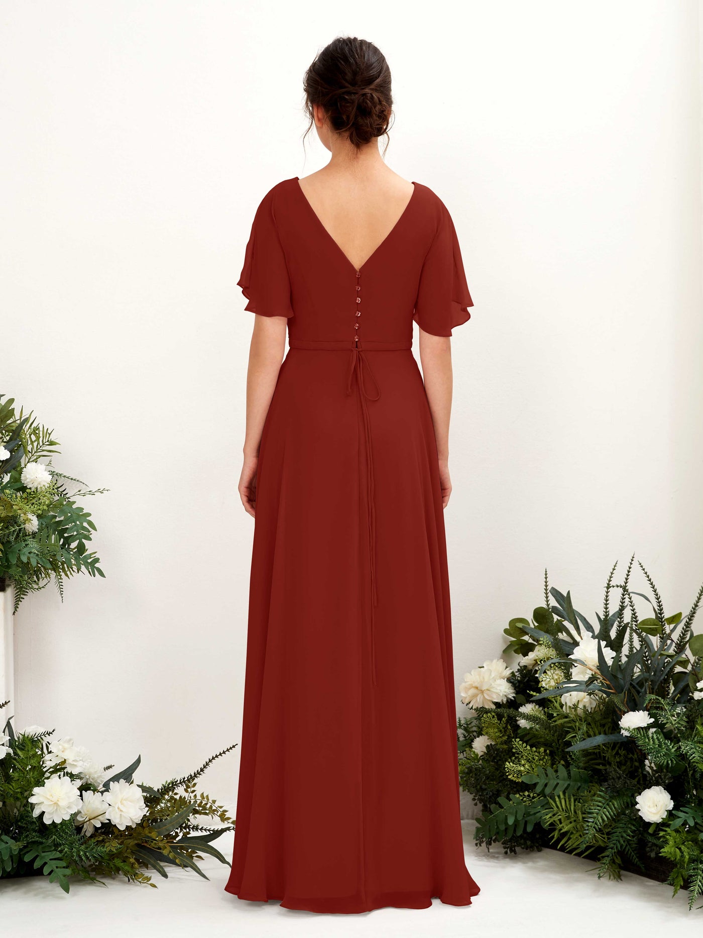 Carlyna Robe trapèze Col V Encolure croisée Manches papillon Longueur ras du sol Robes de demoiselle d'honneur Rouille #couleur_rouille