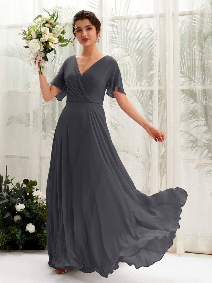 Carlyna Robe trapèze Col V Encolure croisée Manches papillon Longueur ras du sol Robes de demoiselle d&