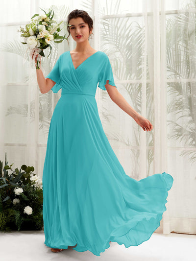 Carlyna Robe trapèze Col V Encolure croisée Manches papillon Longueur ras du sol Robes de demoiselle d'honneur Turquoise #couleur_turquoise