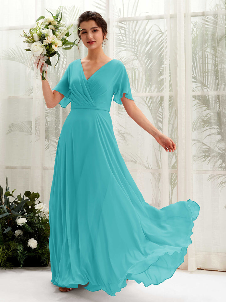Carlyna Robe trapèze Col V Encolure croisée Manches papillon Longueur ras du sol Robes de demoiselle d&