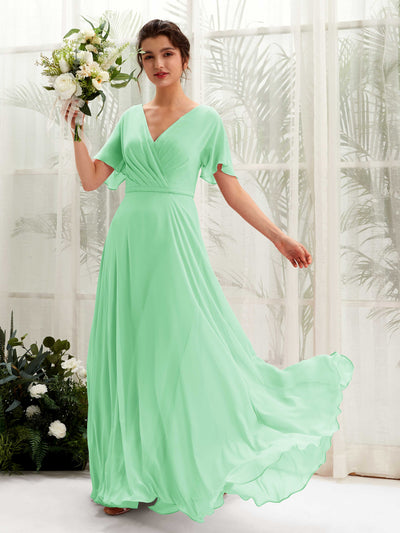 Carlyna Robe trapèze Col V Encolure croisée Manches papillon Longueur ras du sol Robes de demoiselle d'honneur Vert Menthe #couleur_vert-menthe