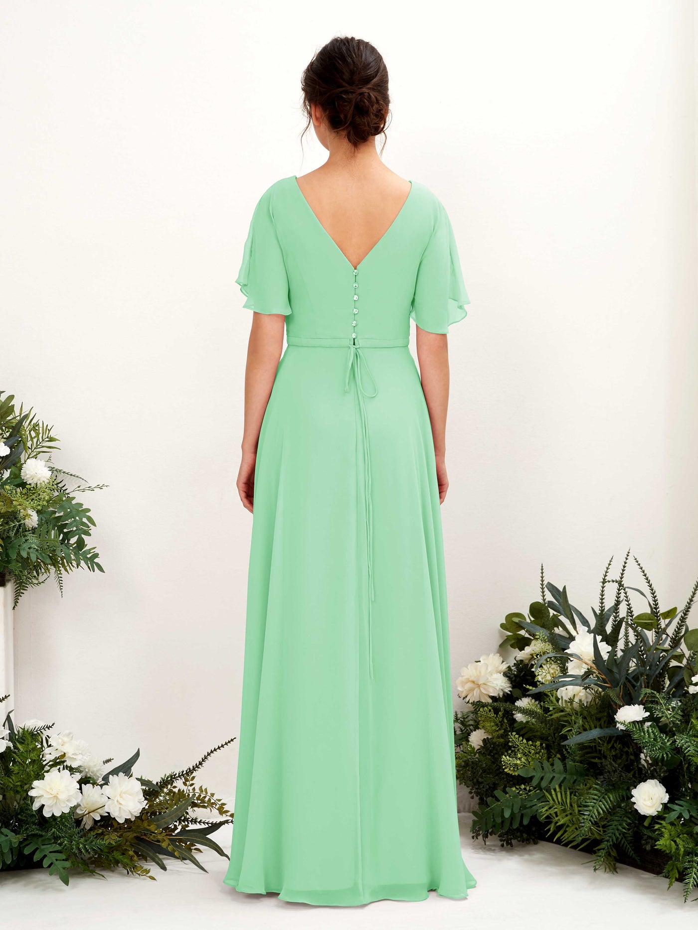 Carlyna Robe trapèze Col V Encolure croisée Manches papillon Longueur ras du sol Robes de demoiselle d'honneur Vert Menthe #couleur_vert-menthe