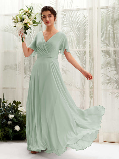 Carlyna Robe trapèze Col V Encolure croisée Manches papillon Longueur ras du sol Robes de demoiselle d'honneur Vert Sauge Foncé #couleur_vert-sauge-fonc