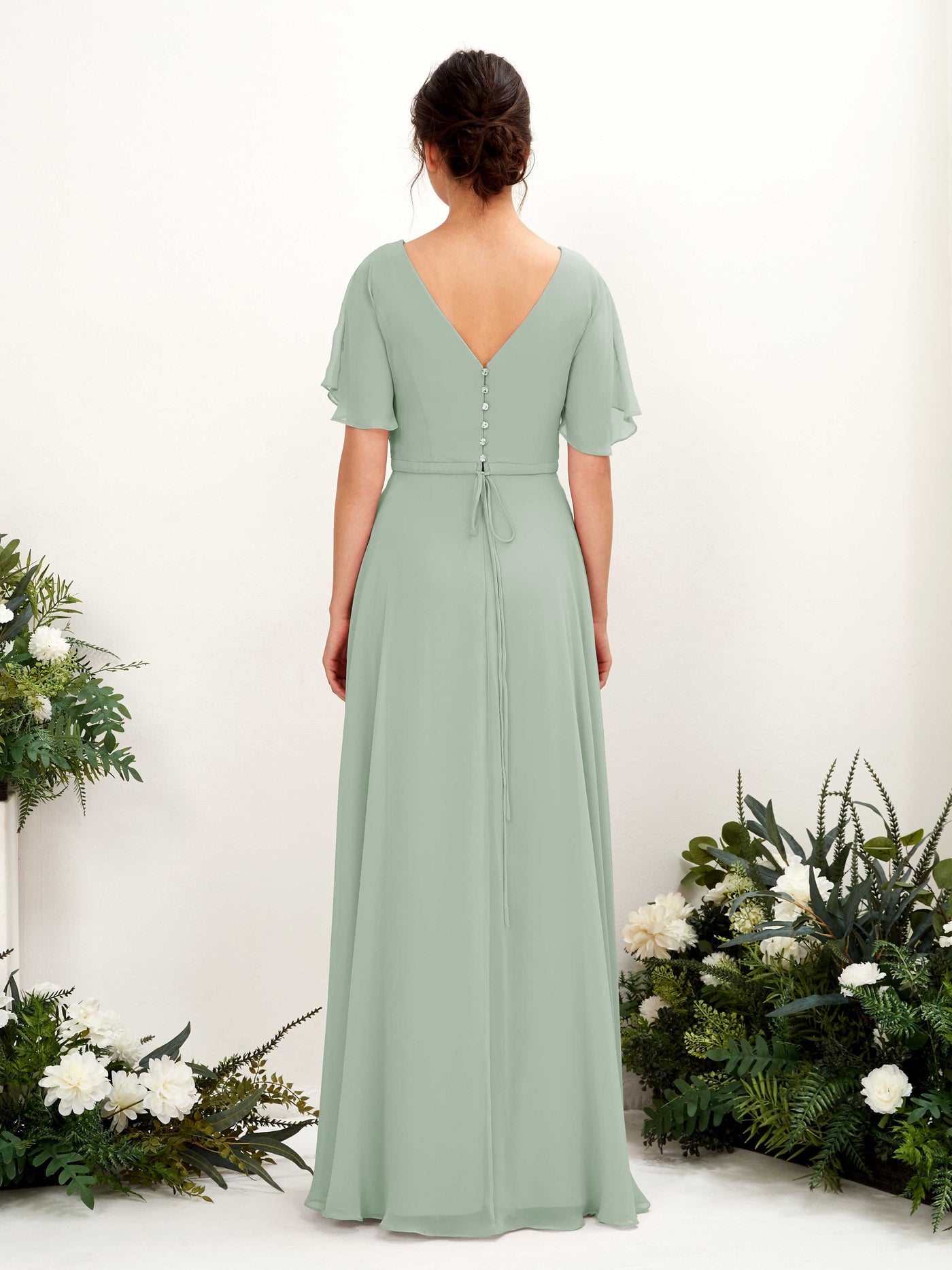 Carlyna Robe trapèze Col V Encolure croisée Manches papillon Longueur ras du sol Robes de demoiselle d'honneur Vert Sauge Foncé #couleur_vert-sauge-fonc